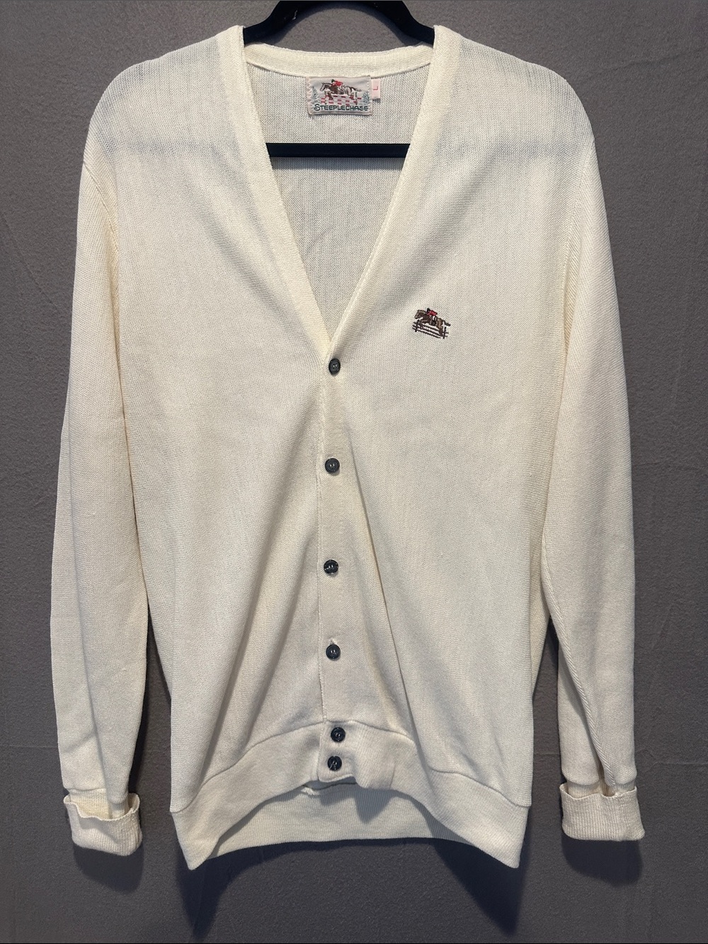 Speechless Cream Vintage Button-Up V-Neck Cardigan with Embroidered Crest